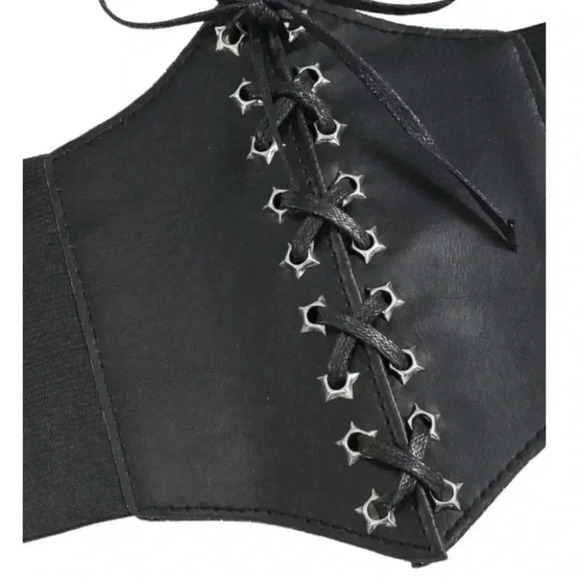 Black Faux Leather Lace-up Wide Waist Elastic-band Corset - Picture 3 of 7